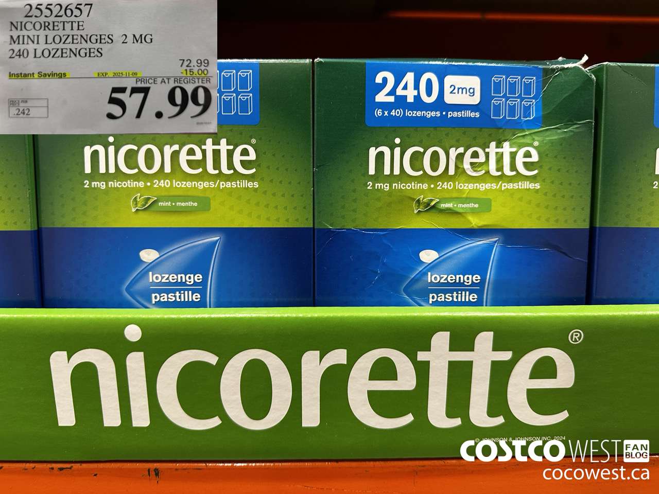 2552657 NICORETTE MINI LOZENGES 2MG 240 LOZENGES ($15.00 INSTANT SAVINGS EXPIRES ON 2025-11-09) $57.99