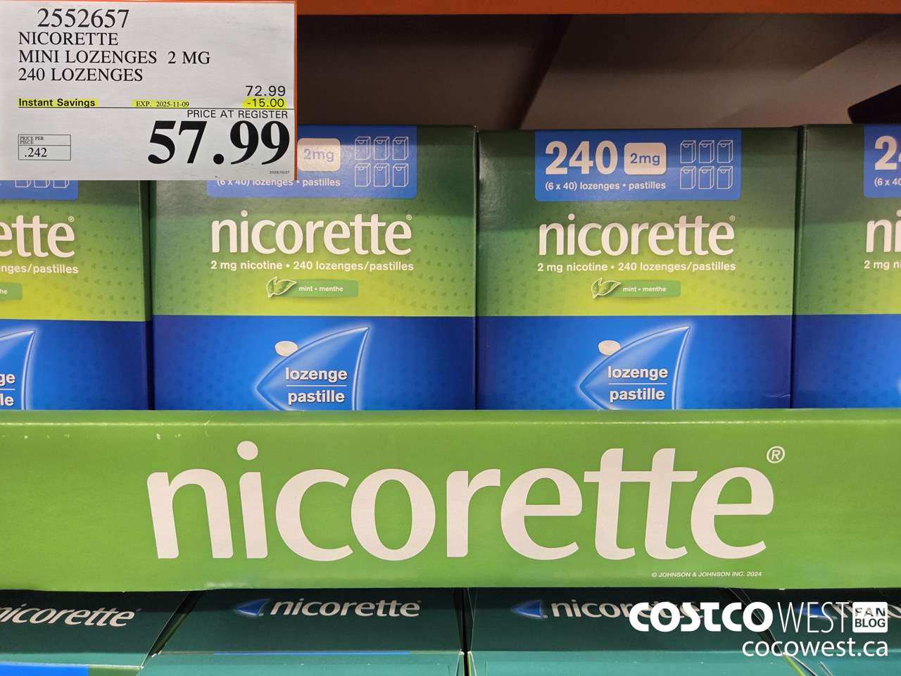 2552657 NICORETTE MINI LOZENGES 2MG 240 LOZENGES ($15.00 INSTANT SAVINGS EXPIRES ON 2025-11-09) $57.99