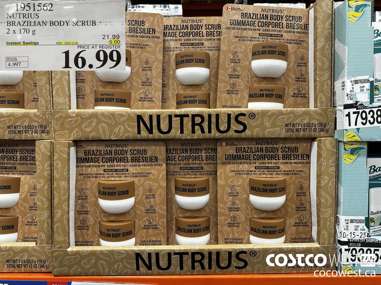 1951562 NUTRIUS BRAZILIAN BODY SCRUB 2 X 170G ($5.00 INSTANT SAVINGS EXPIRES ON 2025-11-02) $16.99
