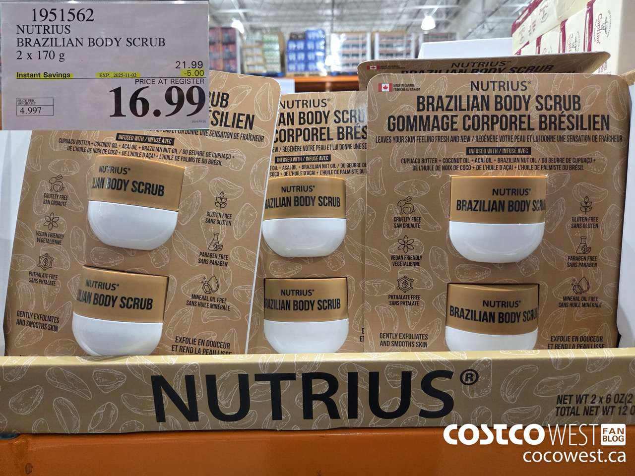 1951562 NUTRIUS BRAZILIAN BODY SCRUB 2 X 170G ($5.00 INSTANT SAVINGS EXPIRES ON 2025-11-02) $16.99