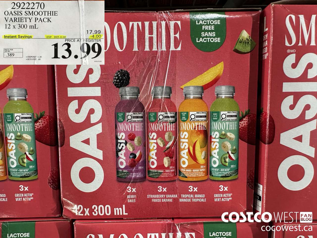 2922270 OASIS SMOOTHIE VARIETY PACK 12 X 300ML ($4.00 INSTANT SAVINGS EXPIRES ON 2025-11-02) $13.99