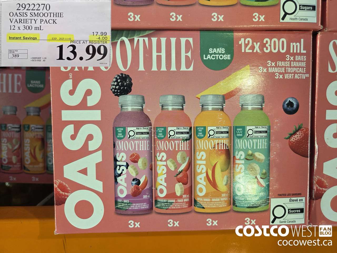 2922270 OASIS SMOOTHIE VARIETY PACK 12 X 300ML ($4.00 INSTANT SAVINGS EXPIRES ON 2025-11-02) $13.99