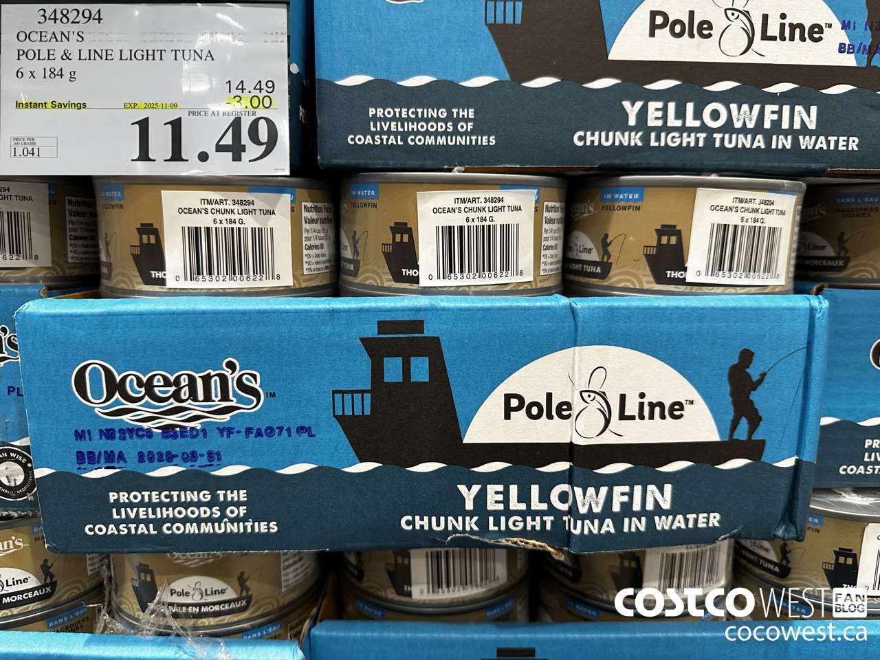 348294 OCEAN'S POLE & LINE LIGHT TUNA 6 x 184 g ($3.00 INSTANT SAVINGS EXPIRES ON 2025-11-09) $11.49