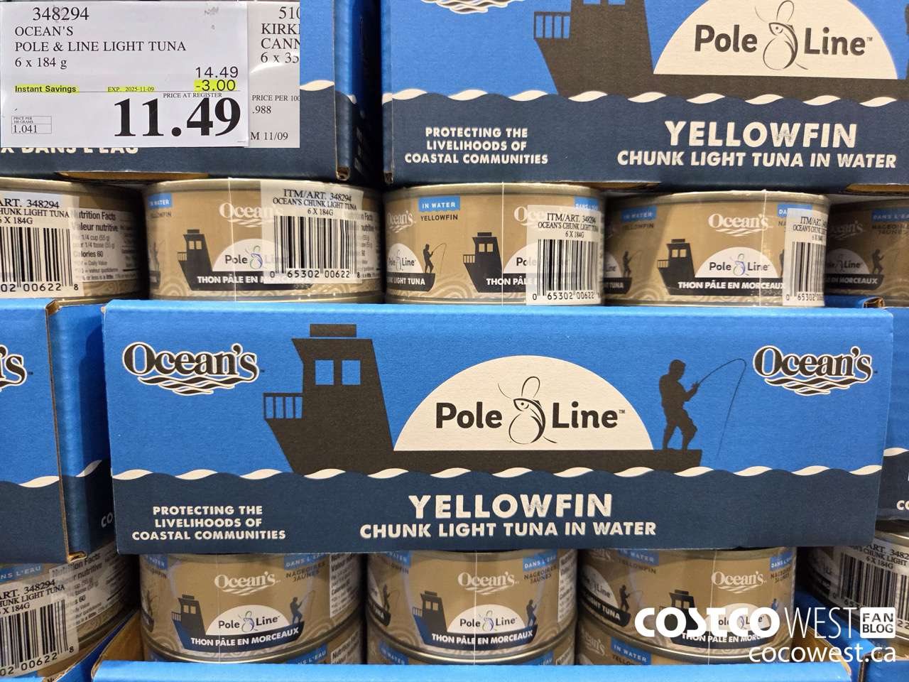 348294 OCEAN'S POLE & LINE LIGHT TUNA 6 x 184 g ($3.00 INSTANT SAVINGS EXPIRES ON 2025-11-09) $11.49