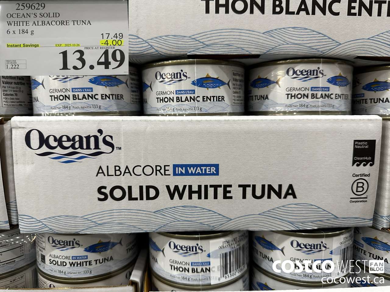 259629 OCEAN'S SOLID WHITE ALBACORE TUNA 6 X 184 G ($4.00 INSTANT SAVINGS EXPIRES ON 2025-10-26) $13.49