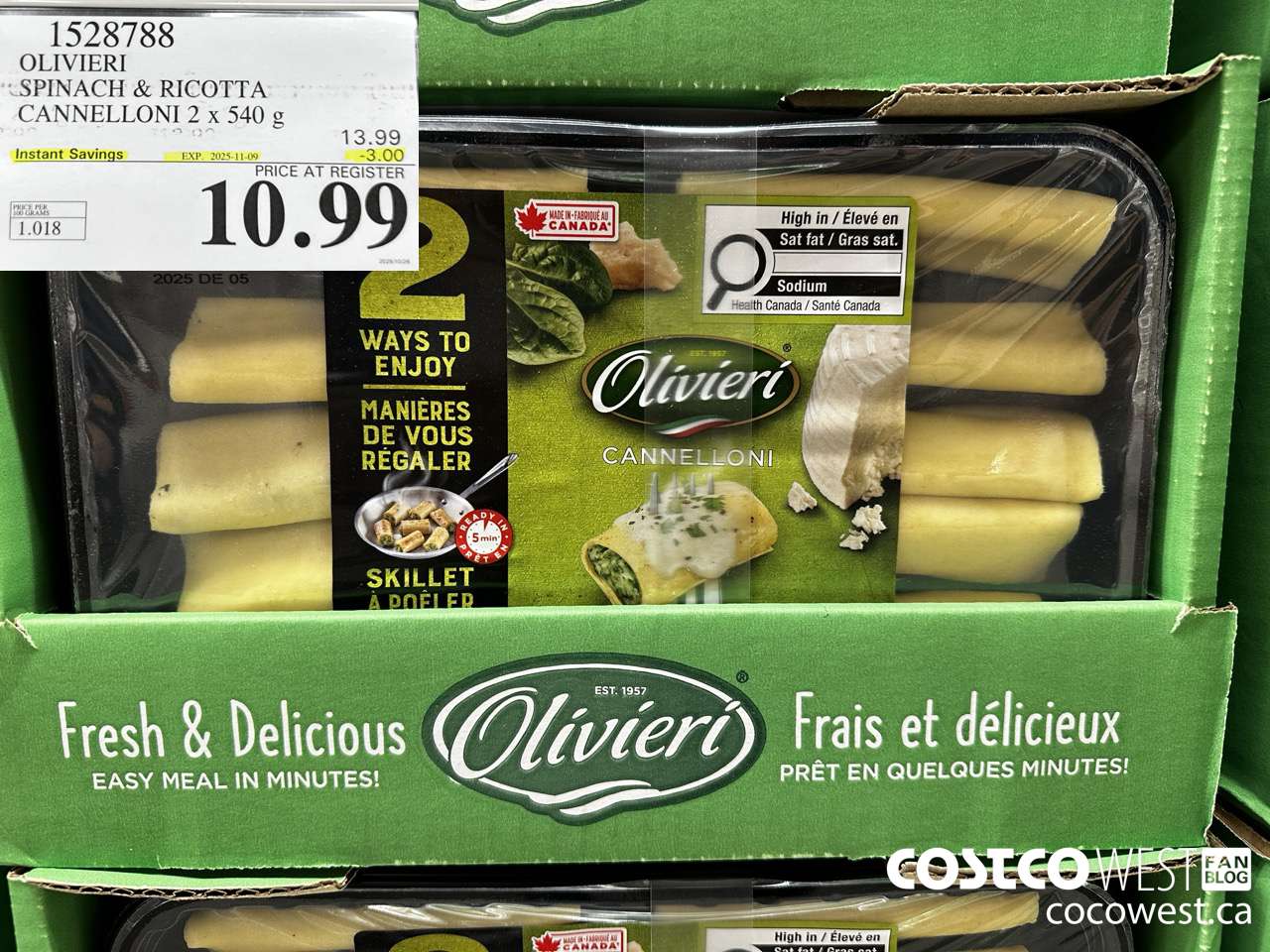 1528788 OLIVIERI SPINACH & RICOTTA CANNELLONI 2 x 540 g ($3.00 INSTANT SAVINGS EXPIRES ON 2025-11-09) $10.99