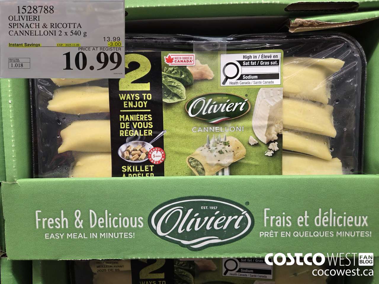 1528788 OLIVIERI SPINACH & RICOTTA CANNELLONI 2 x 540 g ($3.00 INSTANT SAVINGS EXPIRES ON 2025-11-09) $10.99