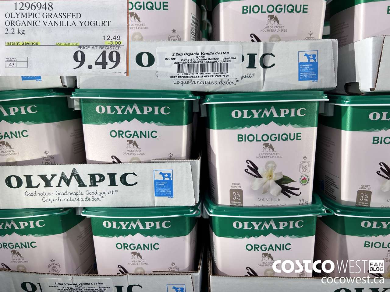 1296948 OLYMPIC GRASSFED ORGANIC VANILLA YOGURT 2.2KG ($3.00 INSTANT SAVINGS EXPIRES ON 2025-10-24) $9.49