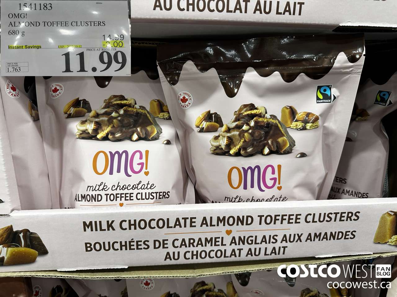 1541183 OMG! ALMOND TOFFEE CLUSTERS 680g  ($3.00 INSTANT SAVINGS EXPIRES ON 2025-10-12) $11.99