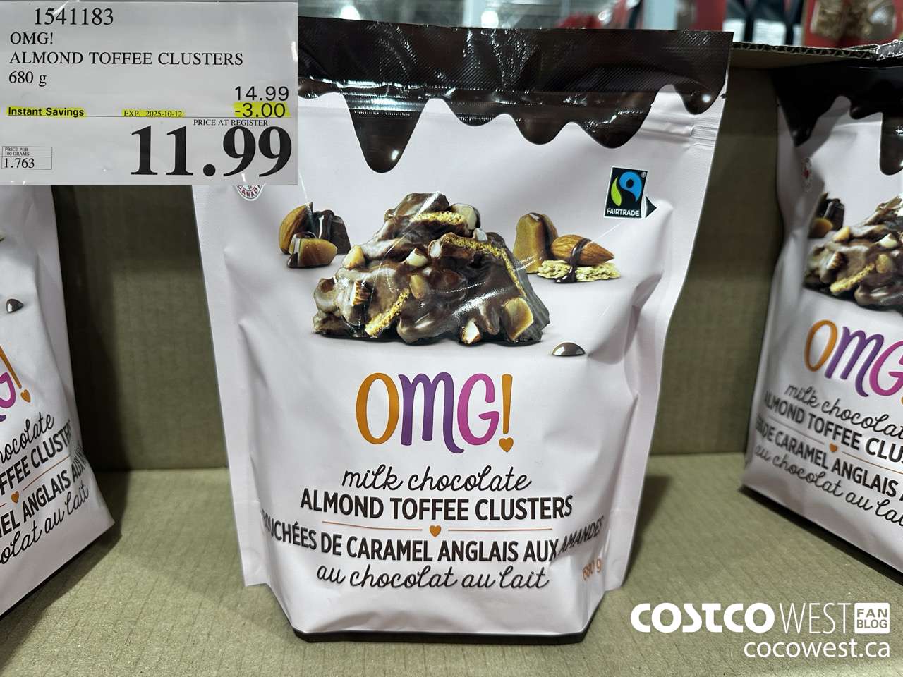 1541183 OMG! ALMOND TOFFEE CLUSTERS 680g  ($3.00 INSTANT SAVINGS EXPIRES ON 2025-10-12) $11.99