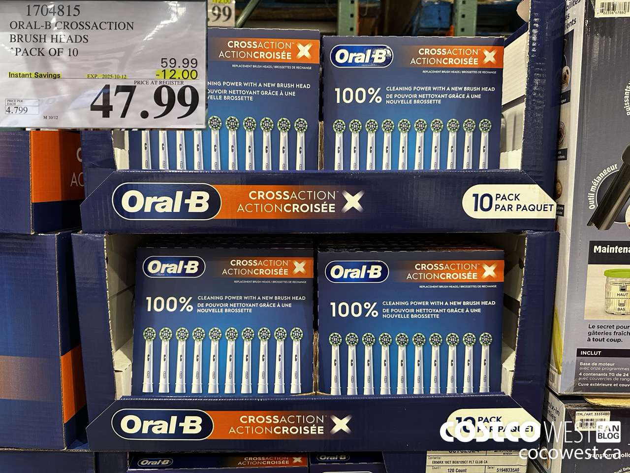 1704815 ORAL-B CROSSACTION BRUSH HEADS PACK OF 10 ($12.00 INSTANT SAVINGS EXPIRES ON 2025-10-12) $47.99