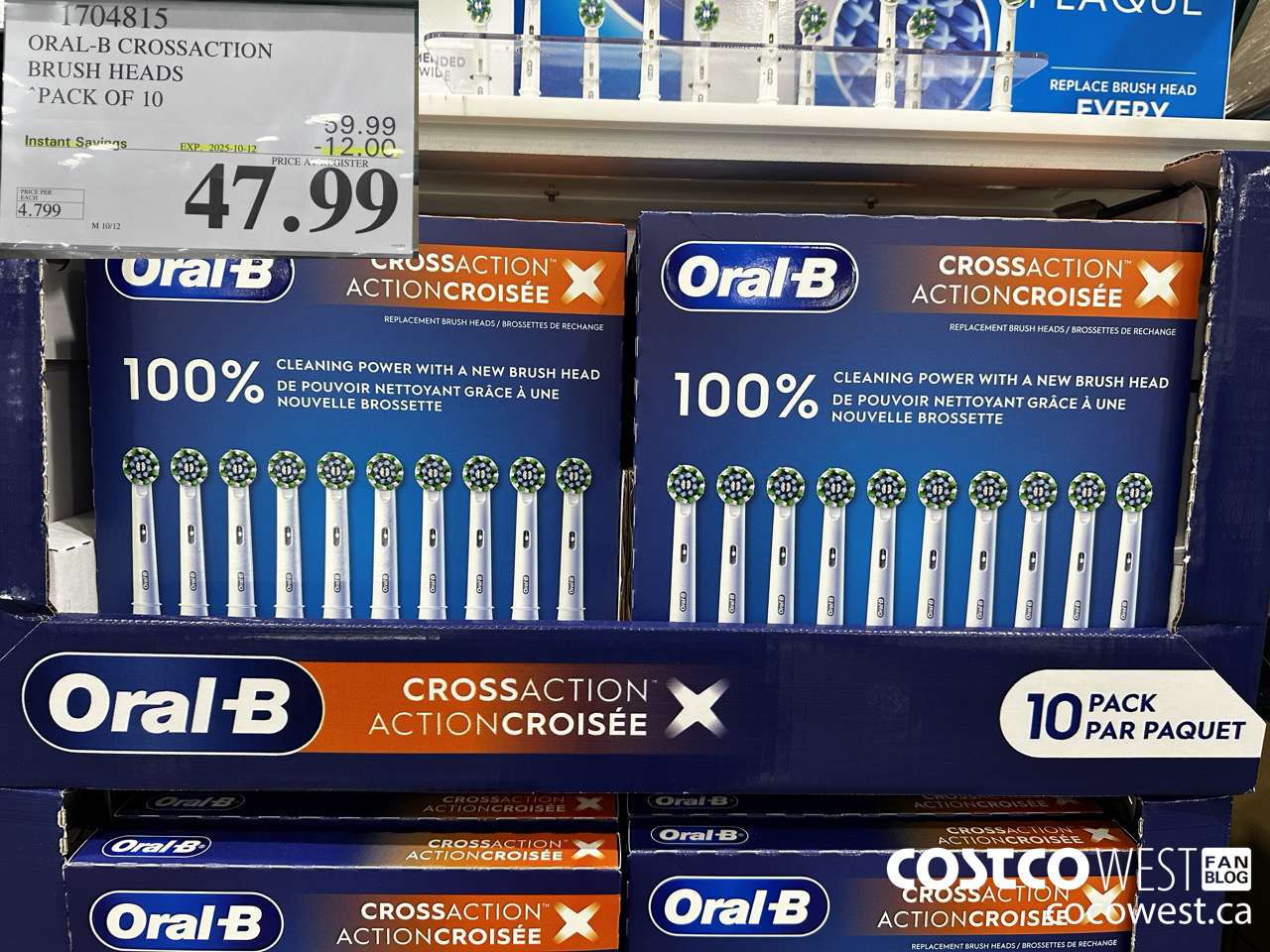 1704815 ORAL-B CROSSACTION BRUSH HEADS PACK OF 10 ($12.00 INSTANT SAVINGS EXPIRES ON 2025-10-12) $47.99