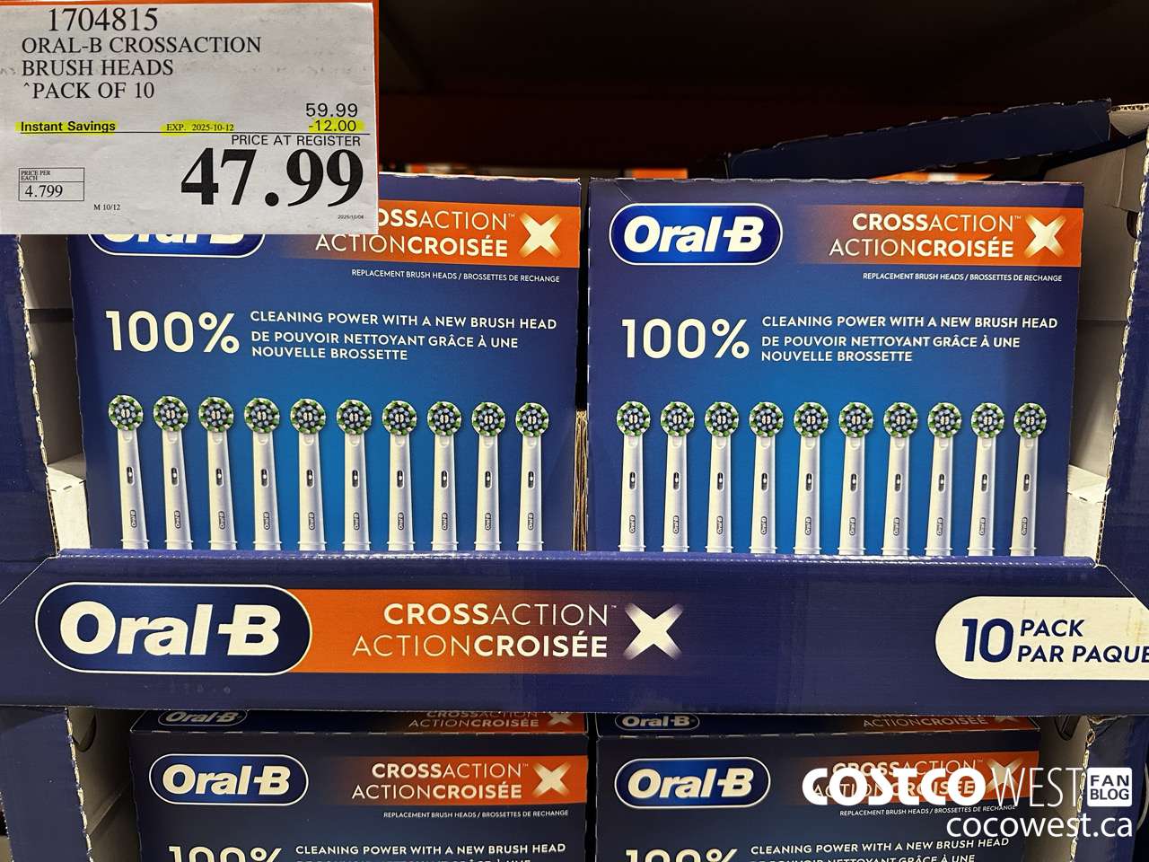1704815 ORAL-B CROSSACTION BRUSH HEADS PACK OF 10 ($12.00 INSTANT SAVINGS EXPIRES ON 2025-10-12) $47.99