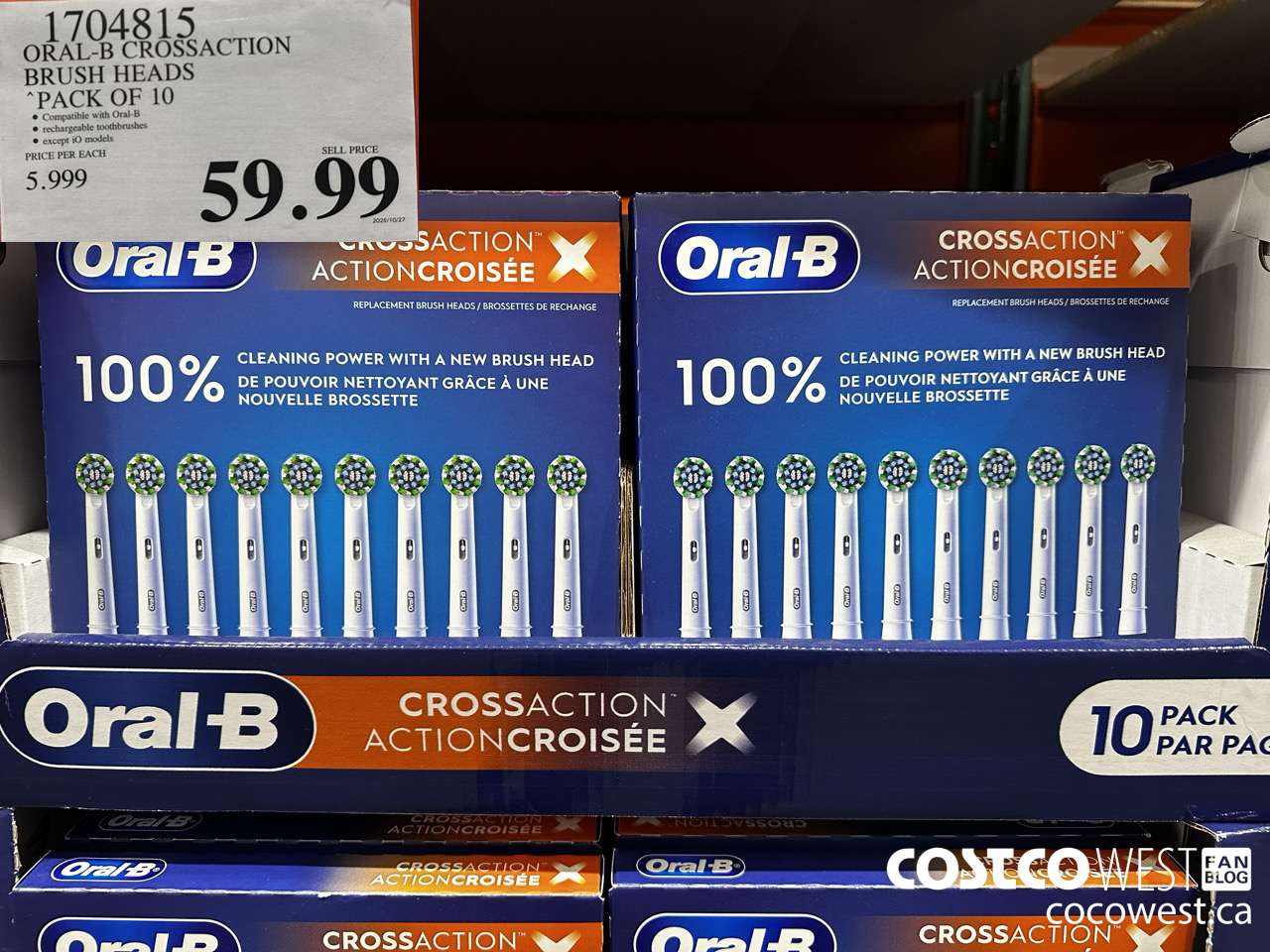 1704815 ORAL-B CROSSACTION BRUSH HEADS PACK OF 10 $59.99