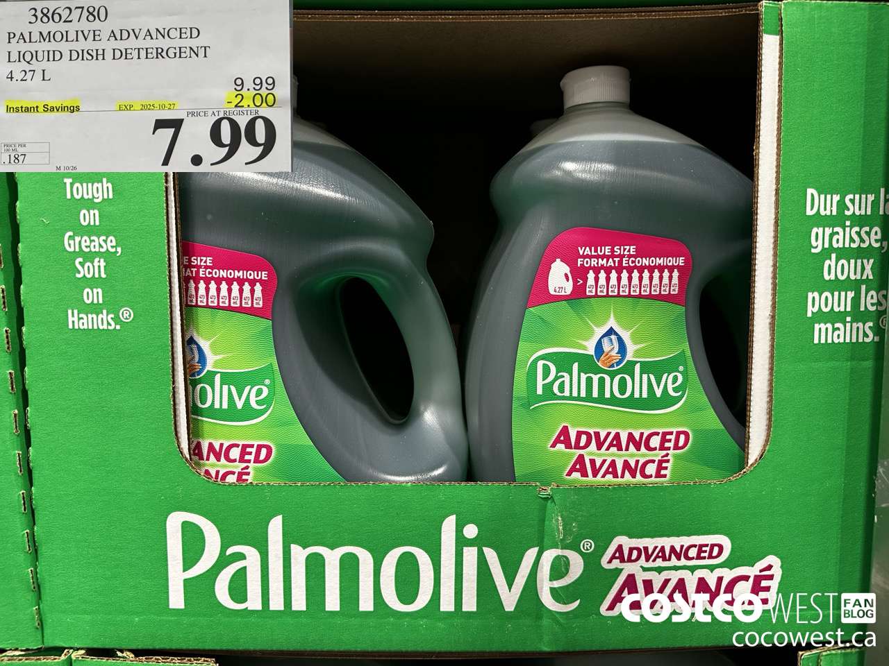 3862780 PALMOLIVE ADVANCED LIQUID DISH DETERGENT 4.27 L ($2.00 INSTANT SAVINGS EXPIRES ON 2025-10-27) $7.99