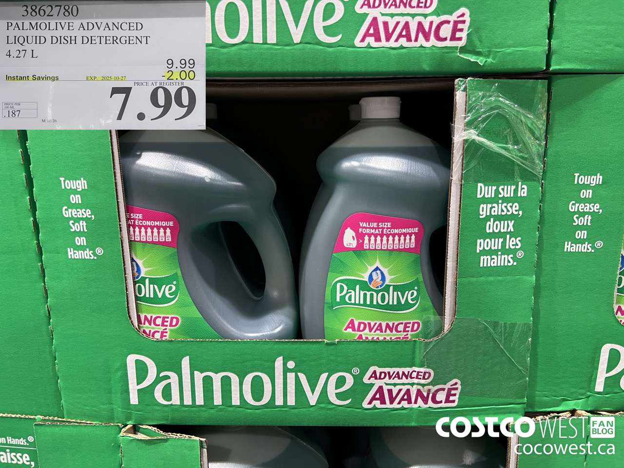 3862780 PALMOLIVE ADVANCED LIQUID DISH DETERGENT 4.27 L ($2.00 INSTANT SAVINGS EXPIRES ON 2025-10-27) $7.99