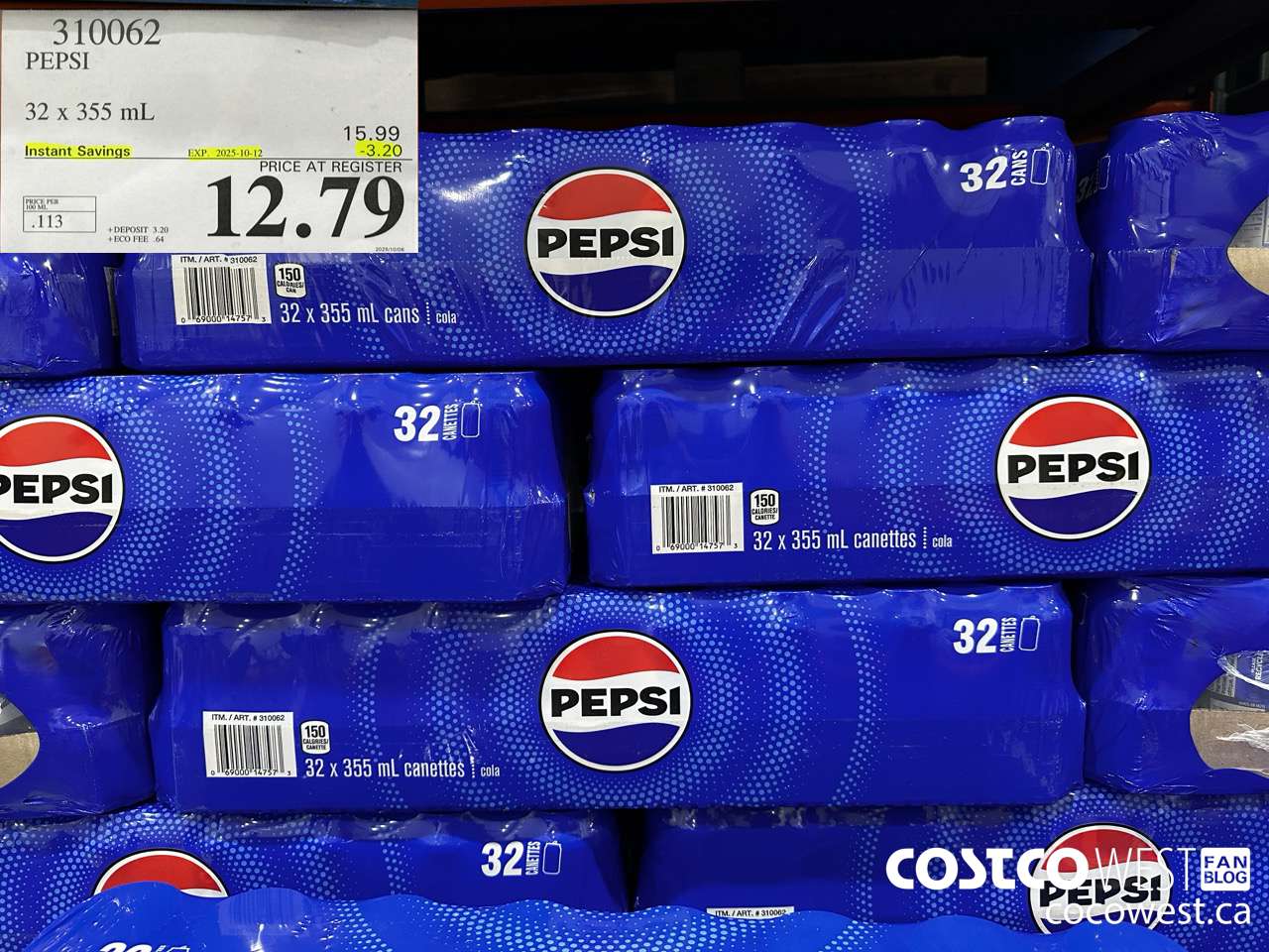 310062 PEPSI 32 X 355 ML ($3.20 INSTANT SAVINGS EXPIRES ON 2025-10-12) $12.79