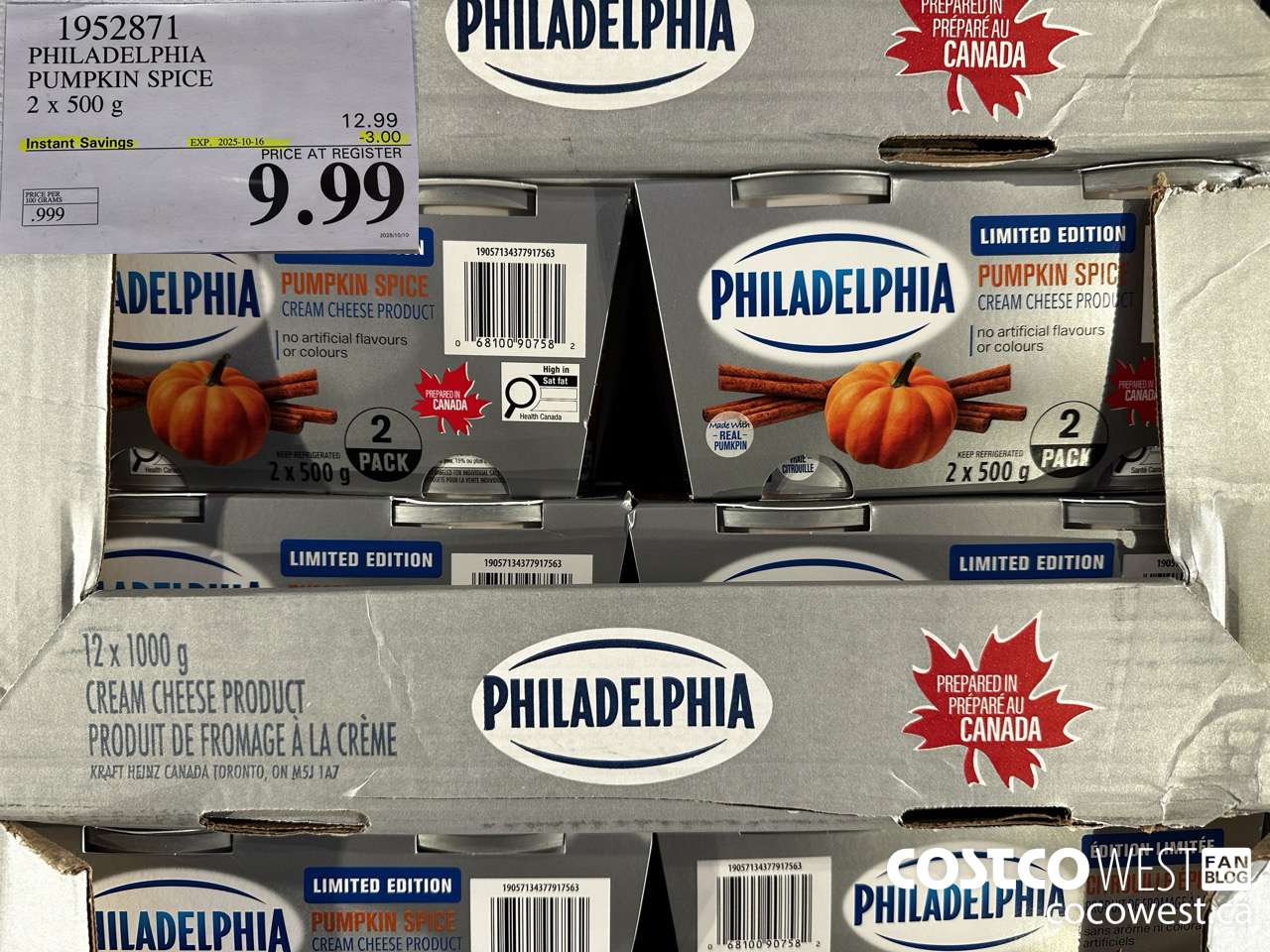 1952871 PHILADELPHIA PUMPKIN SPICE 2 X 500G ($3.00 INSTANT SAVINGS EXPIRES ON 2025-10-16) $9.99