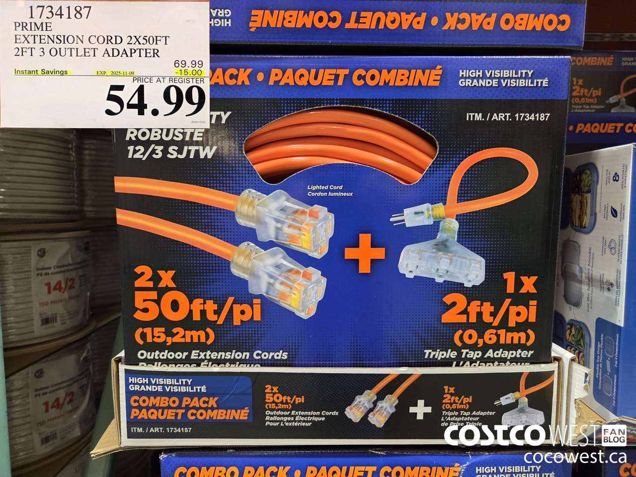 1734187 PRIME EXTENSION CORD 2X50FT 2FT 3 OUTLET ADAPTER ($15.00 INSTANT SAVINGS EXPIRES ON 2025-11-09) $54.99