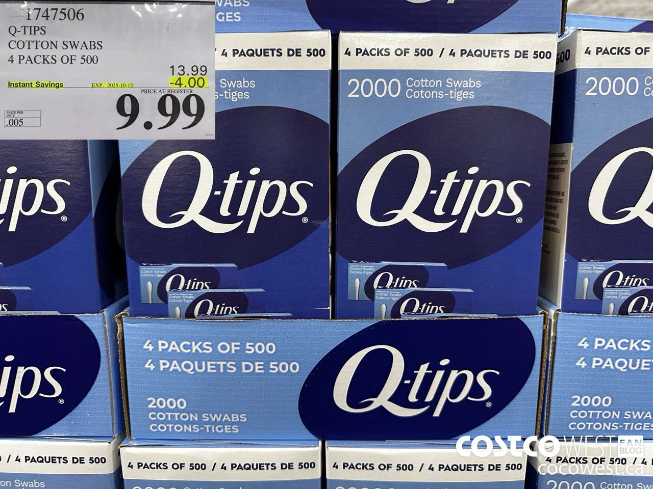 1747506 Q-TIPS COTTON SWABS 4 PACKS OF 500 ($4.00 INSTANT SAVINGS EXPIRES ON 2025-10-12) $9.99
