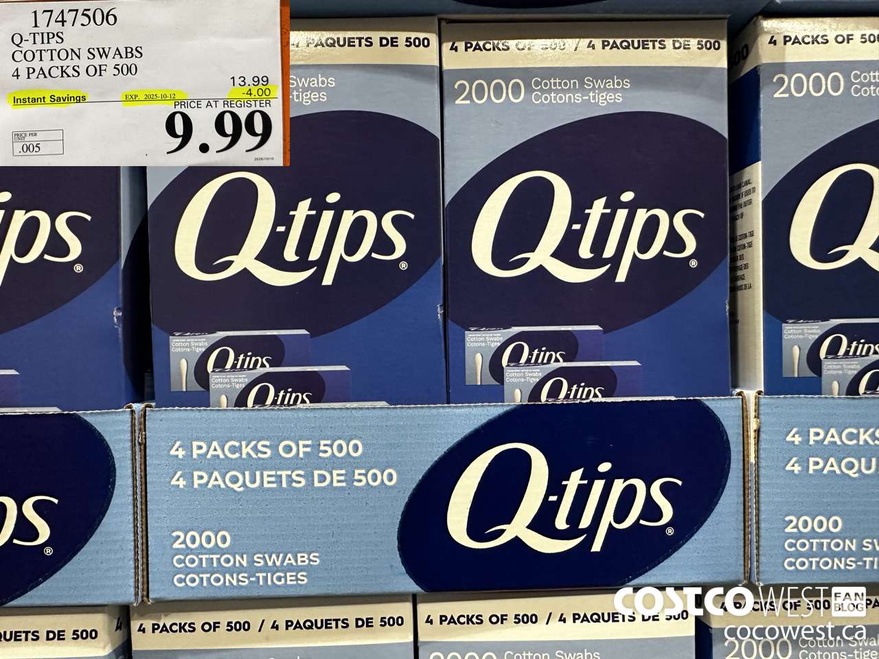 1747506 Q-TIPS COTTON SWABS 4 PACKS OF 500 ($4.00 INSTANT SAVINGS EXPIRES ON 2025-10-12) $9.99