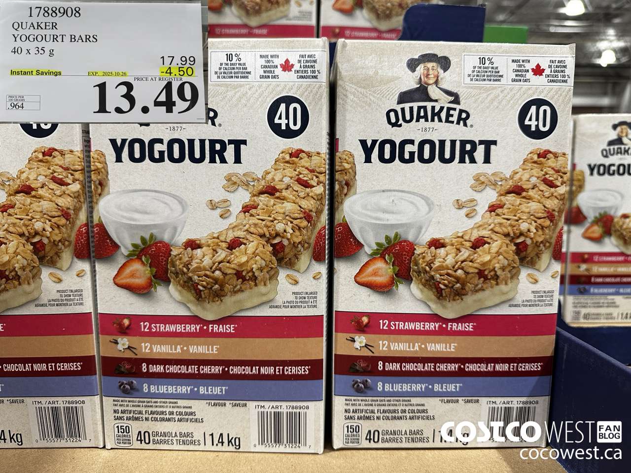 1788908 QUAKER CHEWY YOGOURT BARS 40 X 35 G ($4.50 INSTANT SAVINGS EXPIRES ON 2025-10-26) $13.49