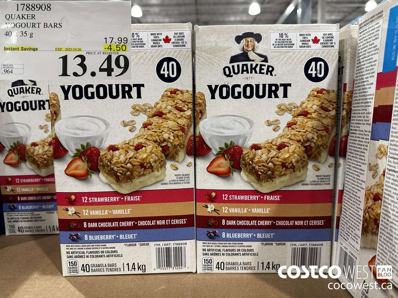 1788908 QUAKER CHEWY YOGOURT BARS 40 X 35 G ($4.50 INSTANT SAVINGS EXPIRES ON 2025-10-26) $13.49