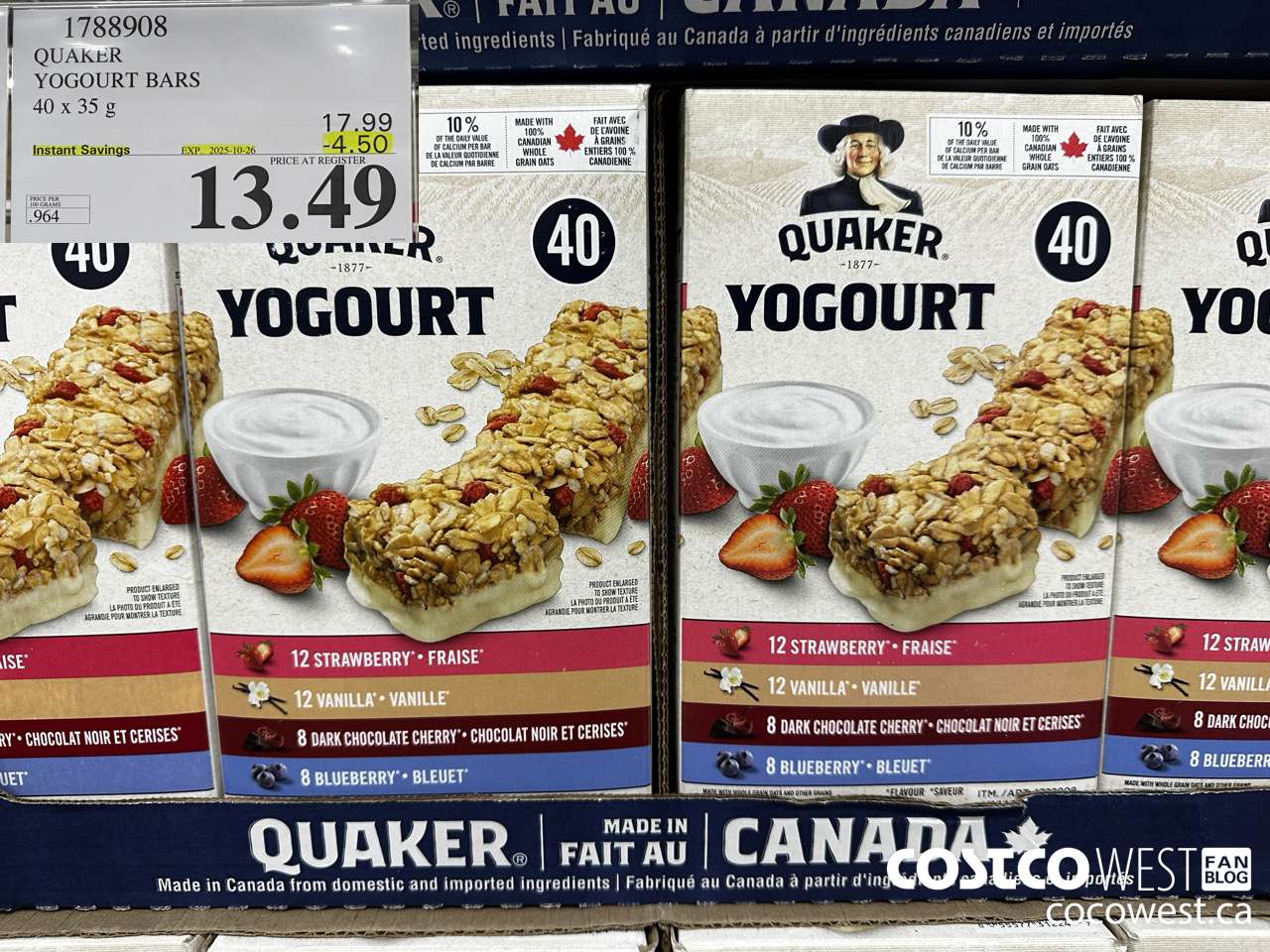 1788908 QUAKER CHEWY YOGOURT BARS 40 X 35 G ($4.50 INSTANT SAVINGS EXPIRES ON 2025-10-26) $13.49