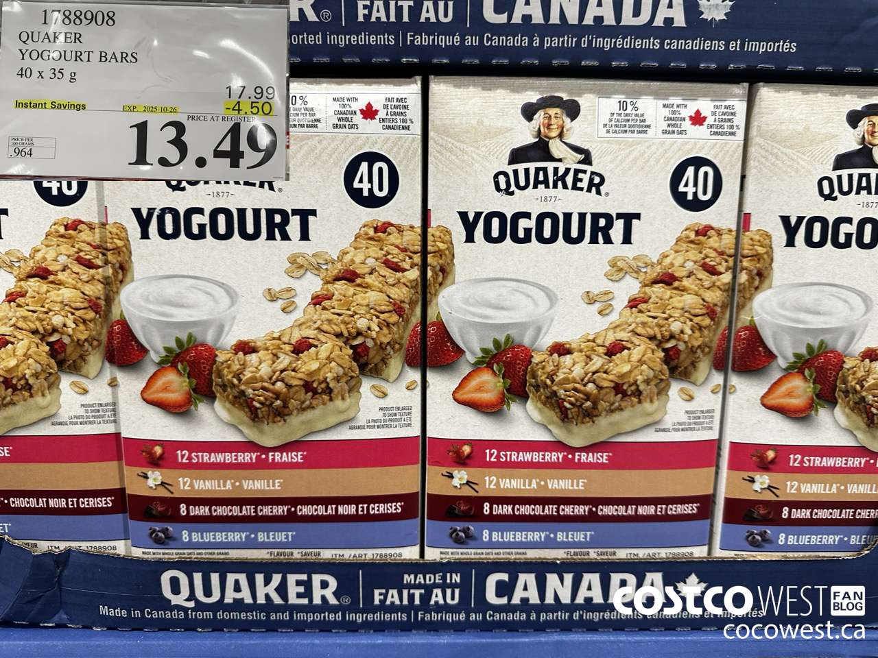 1788908 QUAKER CHEWY YOGOURT BARS 40 X 35 G ($4.50 INSTANT SAVINGS EXPIRES ON 2025-10-26) $13.49