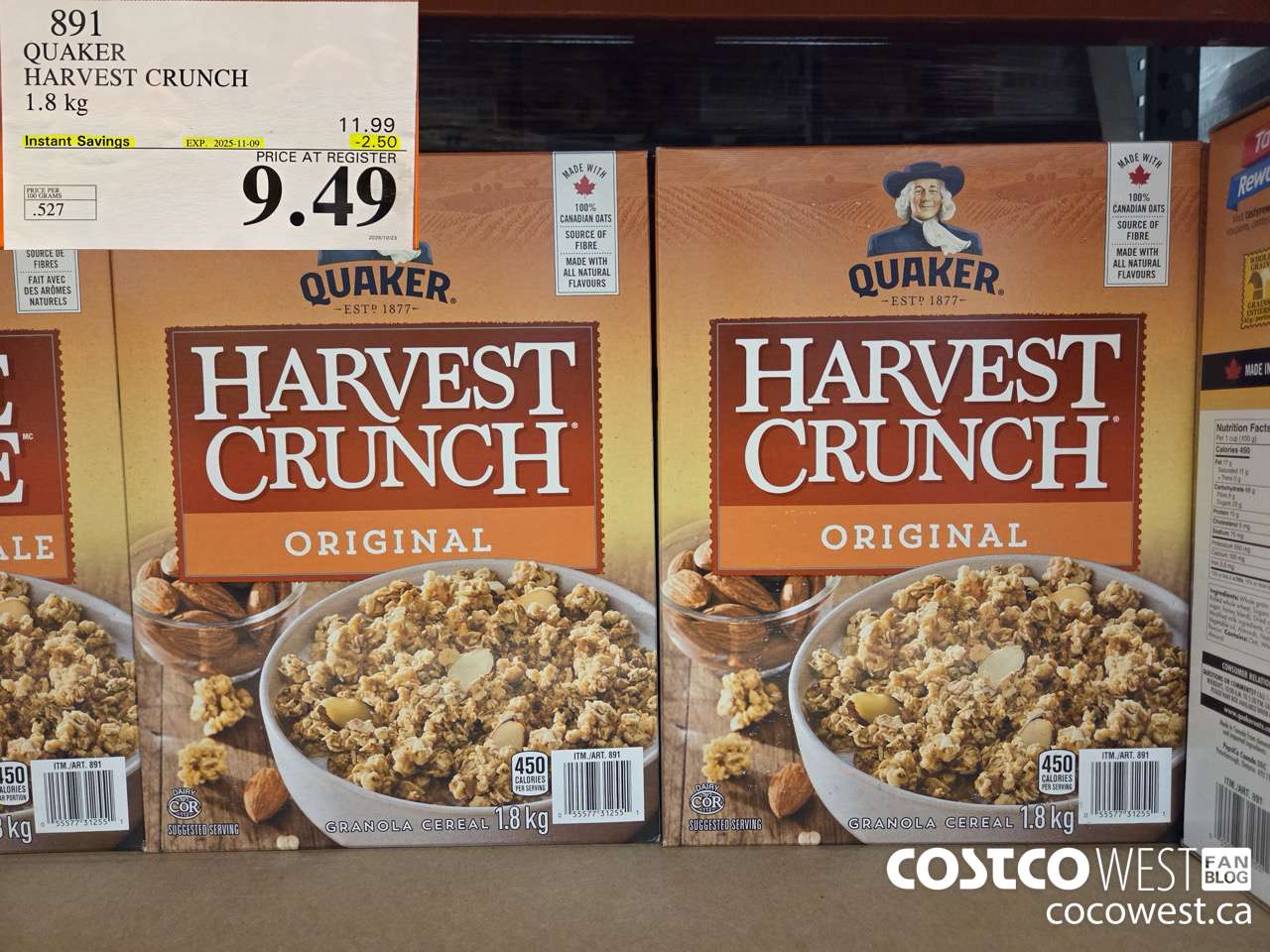 891 QUAKER HARVEST CRUNCH 1.8 KG ($2.50 INSTANT SAVINGS EXPIRES ON 2025-11-09) $9.49