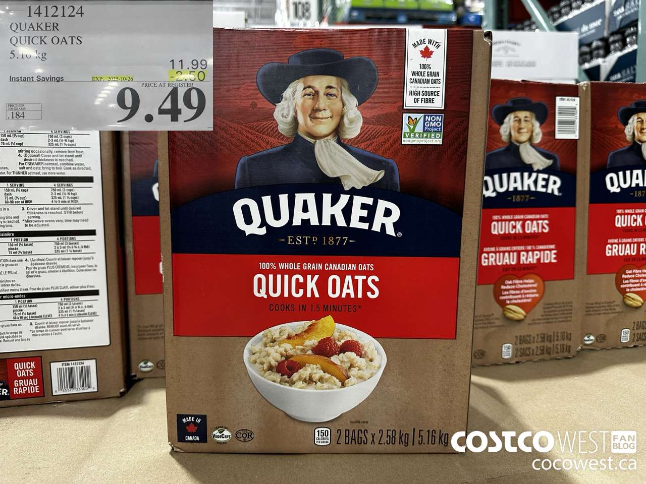 1412124 QUAKER QUICK OATS 5.16 kg ($2.50 INSTANT SAVINGS EXPIRES ON 2025-10-26) $9.49