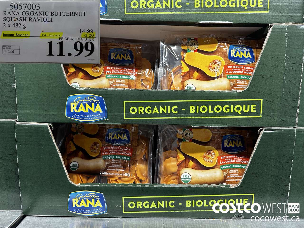 5057003 RANA ORGANIC BUTTERNUT SQUASH RAVIOLI 2 x 482 g ($3.00 INSTANT SAVINGS EXPIRES ON 2025-10-12) $11.99