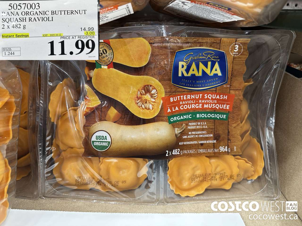 5057003 RANA ORGANIC BUTTERNUT SQUASH RAVIOLI 2 x 482 g ($3.00 INSTANT SAVINGS EXPIRES ON 2025-10-12) $11.99