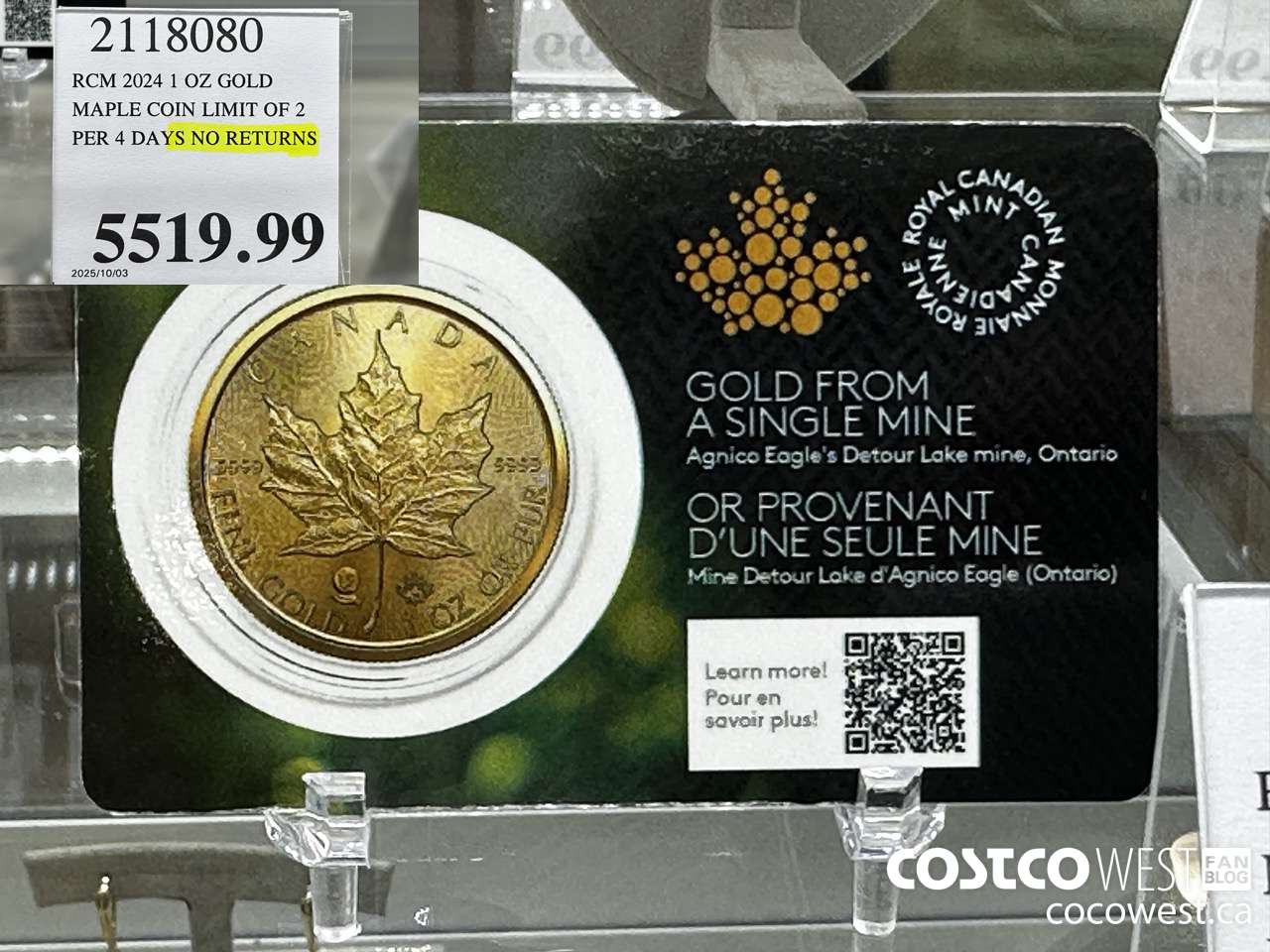 2118080 RCM 2024 1 OZ GOLD. MAPLE COIN LIMIT OF 2 PER 4 DAYS NO RETURNS $5519.99