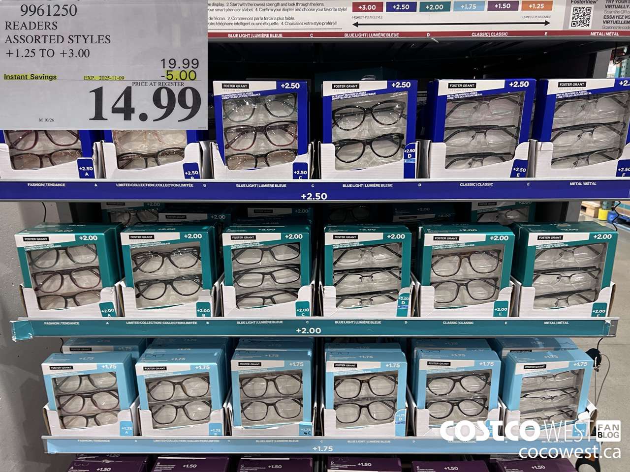 9961250 READERS ASSORTED STYLES +1.25 TO +3.00 ($5.00 INSTANT SAVINGS EXPIRES ON 2025-11-09) $14.99