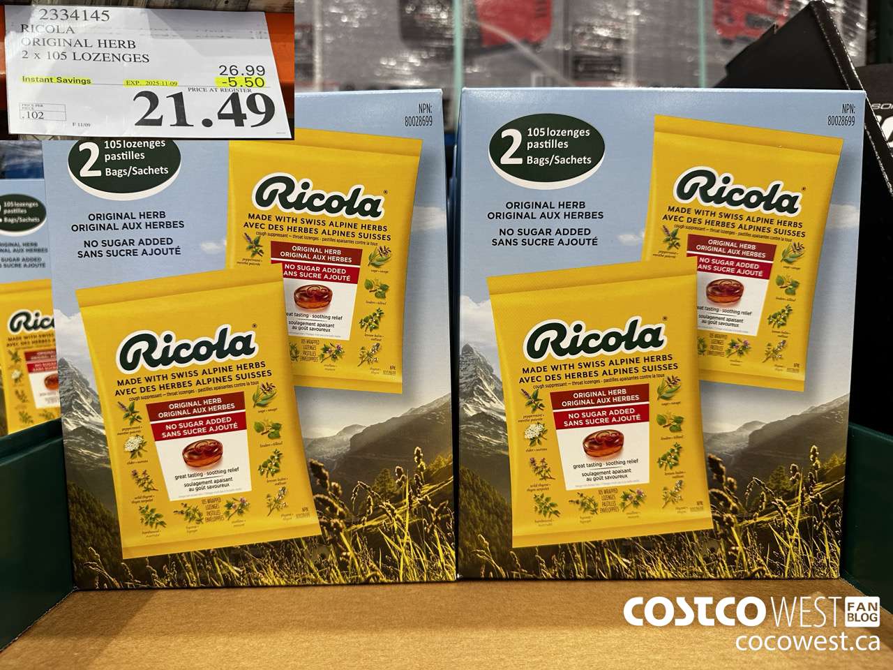 2334145 RICOLA ORIGINAL HERB 2 X 105 LOZENGES ($5.50 INSTANT SAVINGS EXPIRES ON 2025-11-09) $21.49