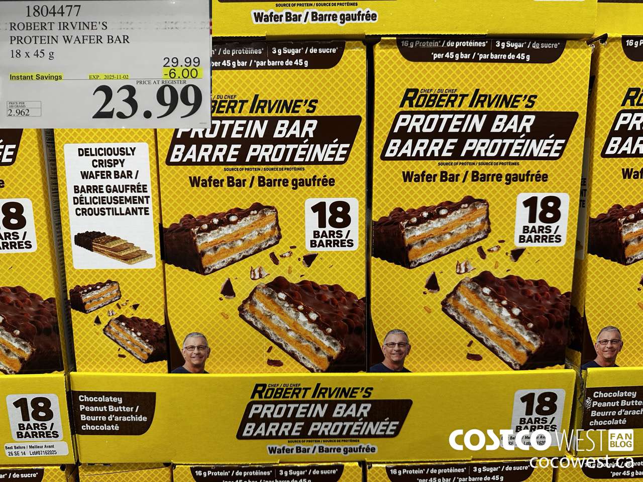 1804477 ROBERT IRVINE'S PROTEIN WAFER BAR 18 X 45G ($6.00 INSTANT SAVINGS EXPIRES ON 2025-11-02) $23.99