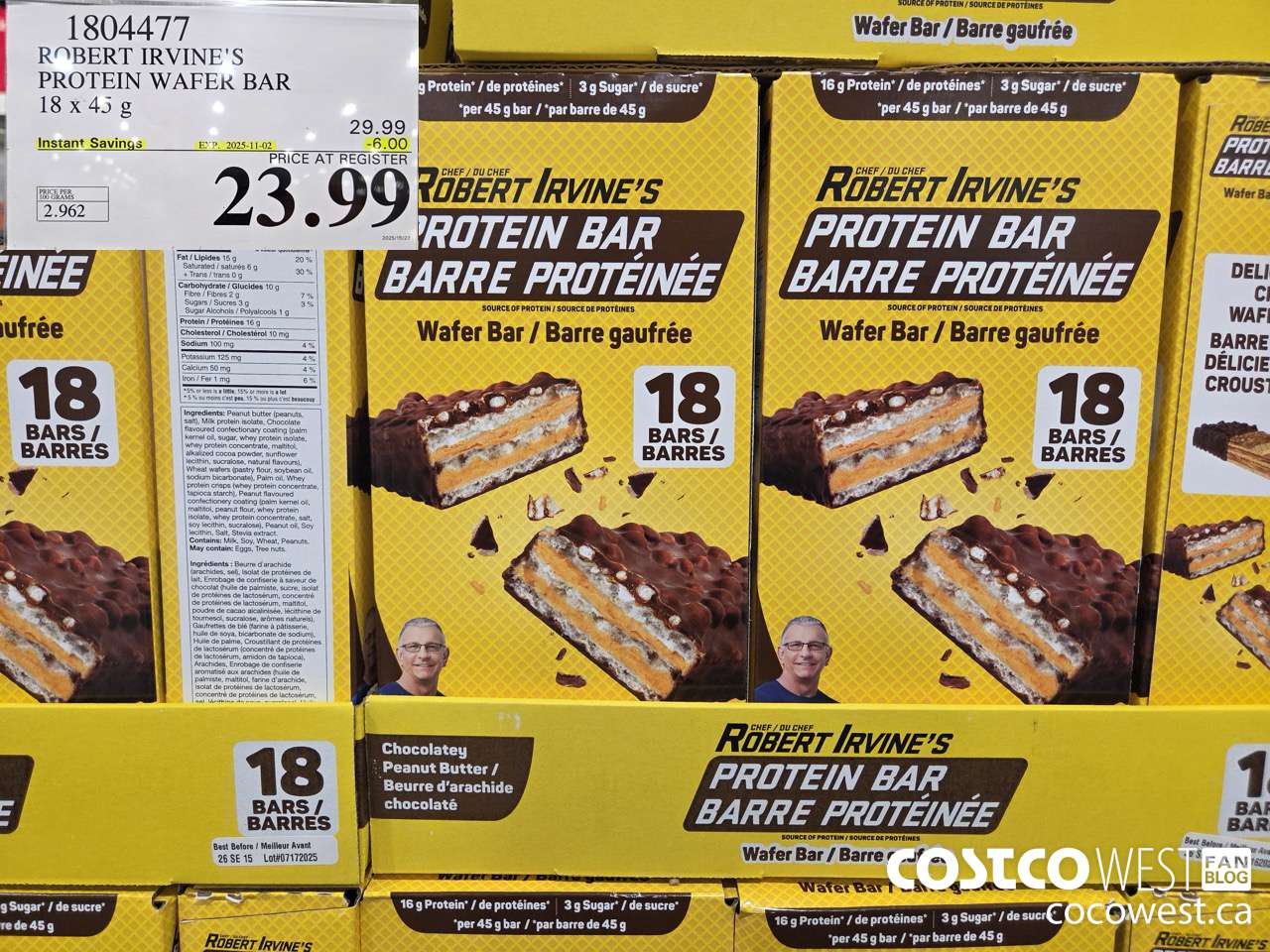 1804477 ROBERT IRVINE'S PROTEIN WAFER BAR 18 X 45G ($6.00 INSTANT SAVINGS EXPIRES ON 2025-11-02) $23.99