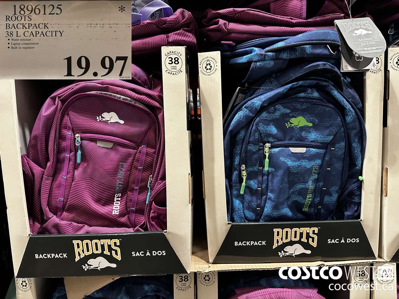 1896125 ROOTS BACKPACK 38L CAPACITY $19.97