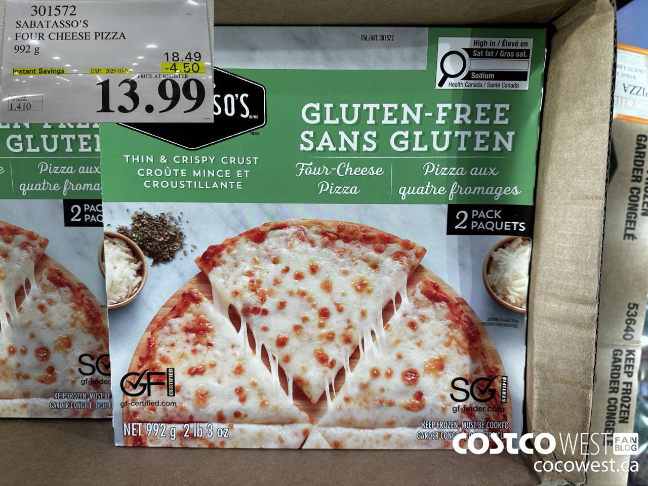 301572 SABATASSO'S GLUTEN-FREE CHEESE PIZZA 2 X 496 G ($4.50 INSTANT SAVINGS EXPIRES ON 2025-10-26) $13.99