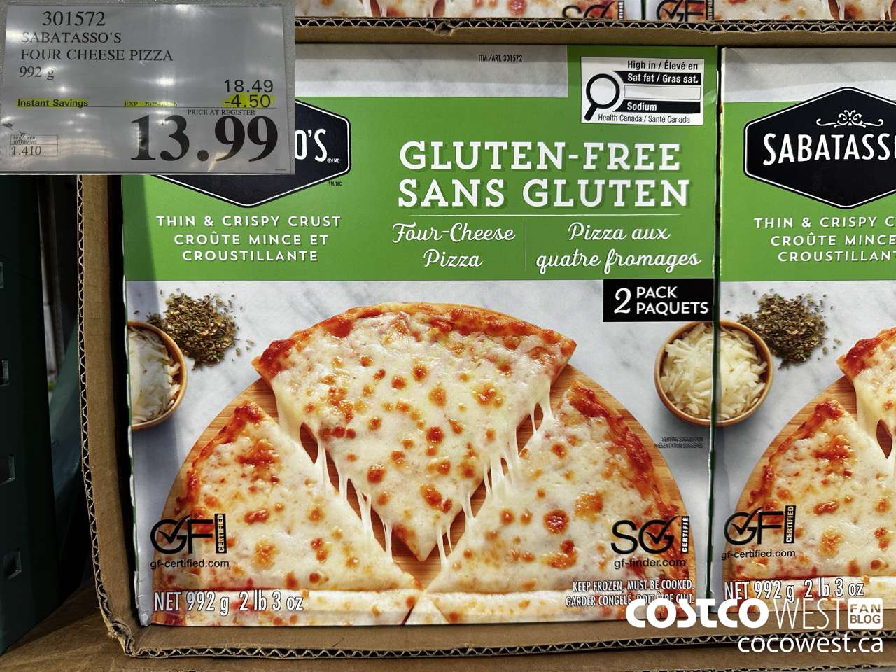 301572 SABATASSO'S GLUTEN-FREE CHEESE PIZZA 2 X 496 G ($4.50 INSTANT SAVINGS EXPIRES ON 2025-10-26) $13.99