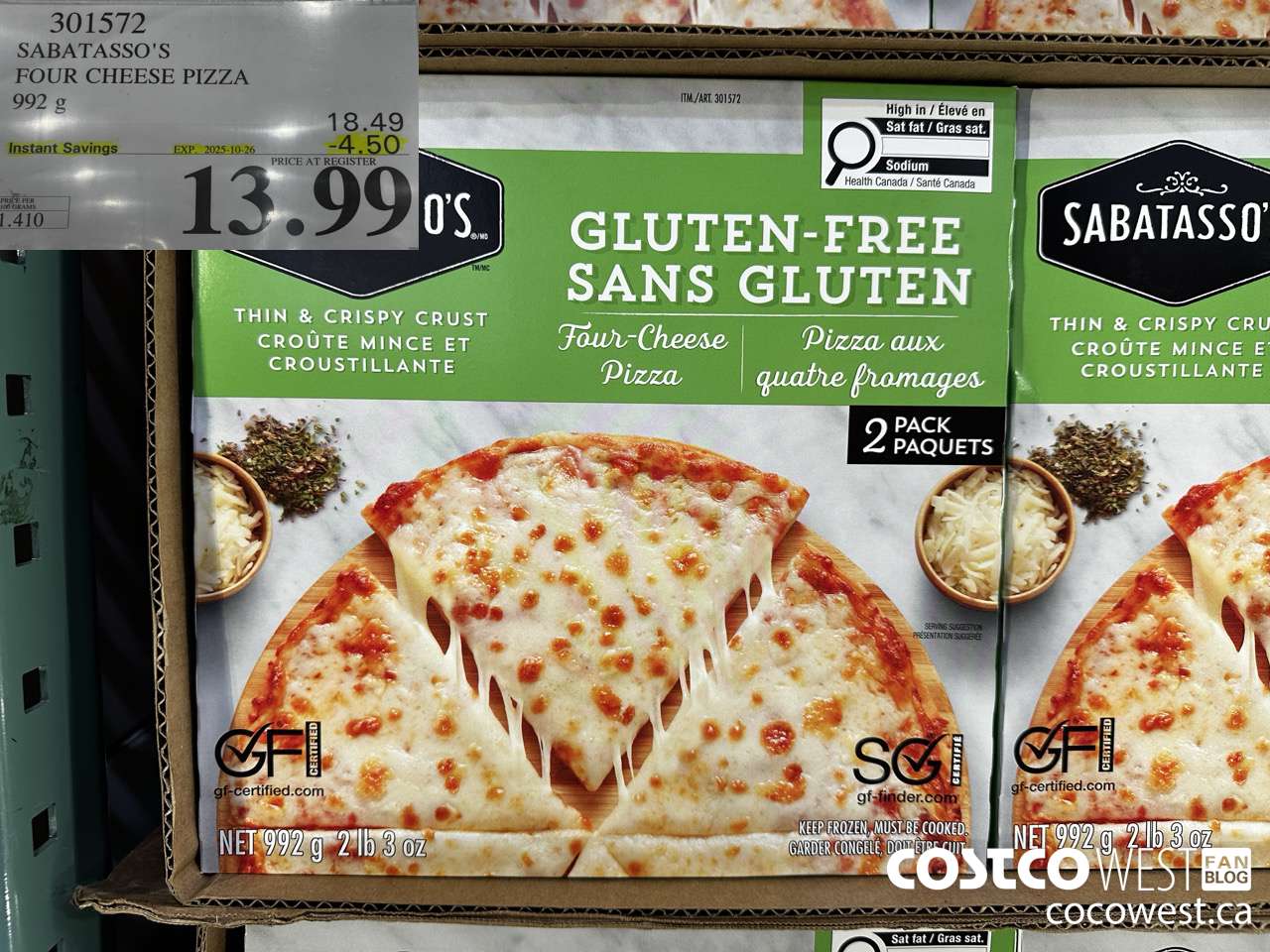 301572 SABATASSO'S GLUTEN-FREE CHEESE PIZZA 2 X 496 G ($4.50 INSTANT SAVINGS EXPIRES ON 2025-10-26) $13.99