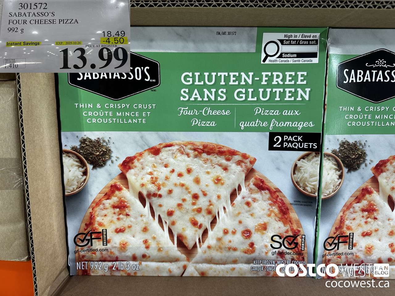 301572 SABATASSO'S GLUTEN-FREE CHEESE PIZZA 2 X 496 G ($4.50 INSTANT SAVINGS EXPIRES ON 2025-10-26) $13.99