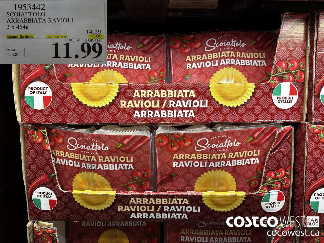 1953442 SCOIATTOLO ARRABBIATA RAVIOLI 2 X 454G ($3.00 INSTANT SAVINGS EXPIRES ON 2025-10-05) $11.99