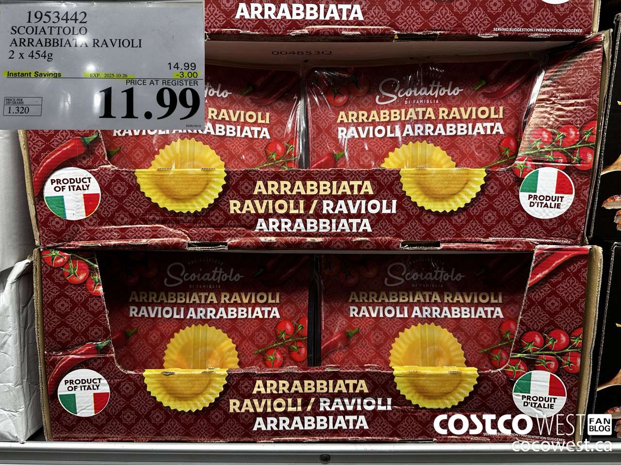 1953442 SCOIATTOLO ARRABBIATA RAVIOLI 2 X 454G ($3.00 INSTANT SAVINGS EXPIRES ON 2025-10-26) $11.99