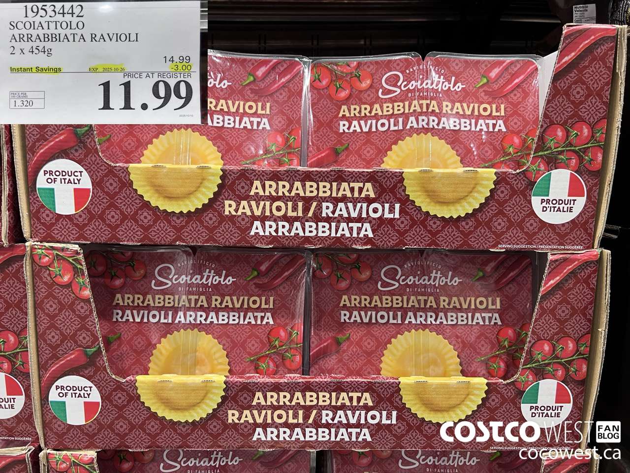 1953442 SCOIATTOLO ARRABBIATA RAVIOLI 2 X 454G ($3.00 INSTANT SAVINGS EXPIRES ON 2025-10-26) $11.99