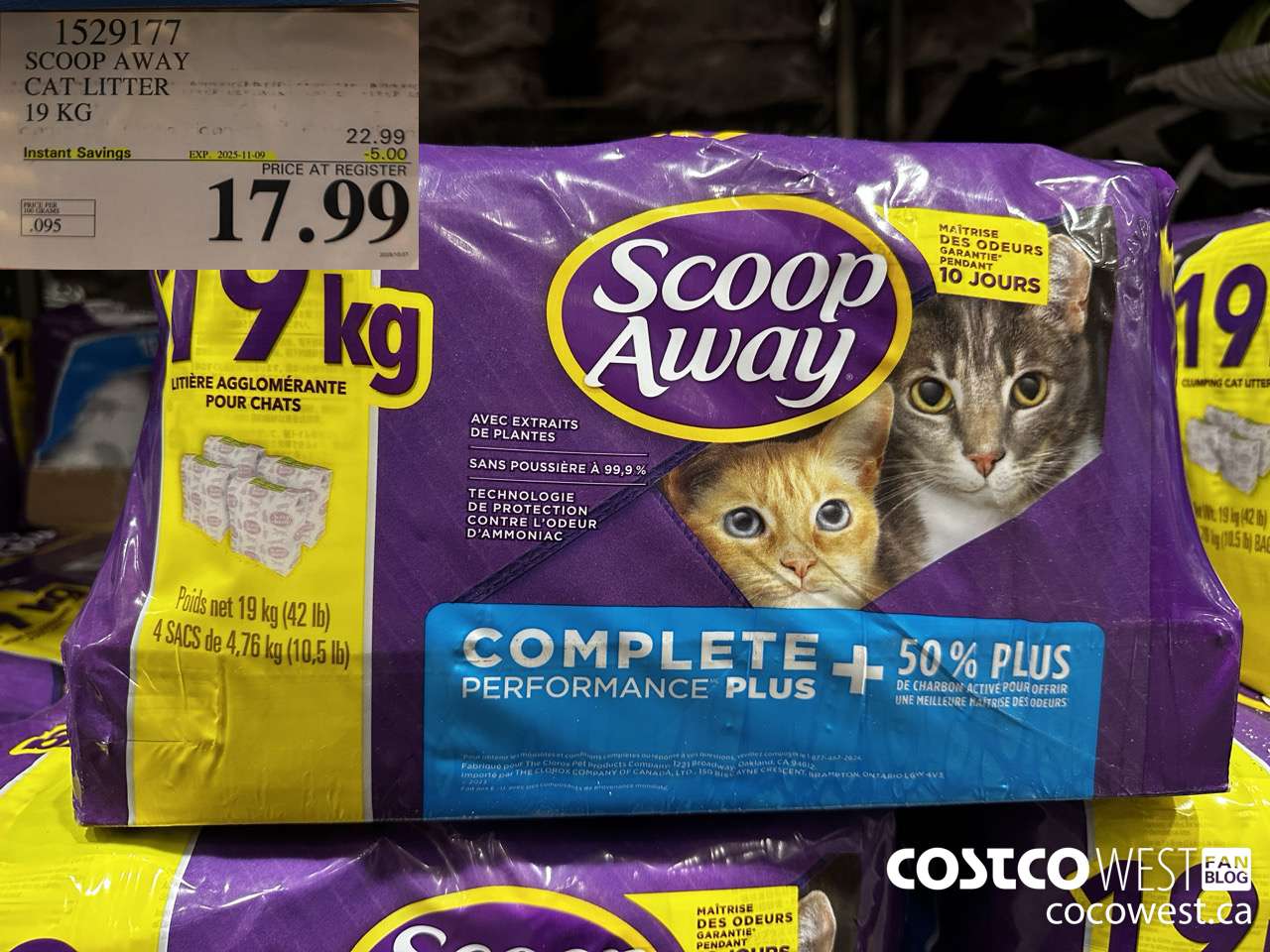 1529177 SCOOP AWAY CAT LITTER 19 KG ($5.00 INSTANT SAVINGS EXPIRES ON 2025-11-09) $17.99