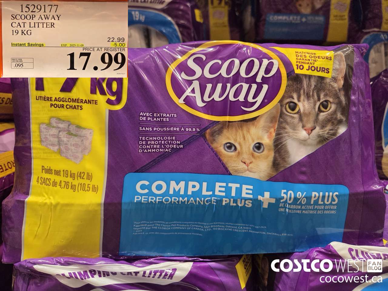 1529177 SCOOP AWAY CAT LITTER 19 KG ($5.00 INSTANT SAVINGS EXPIRES ON 2025-11-09) $17.99