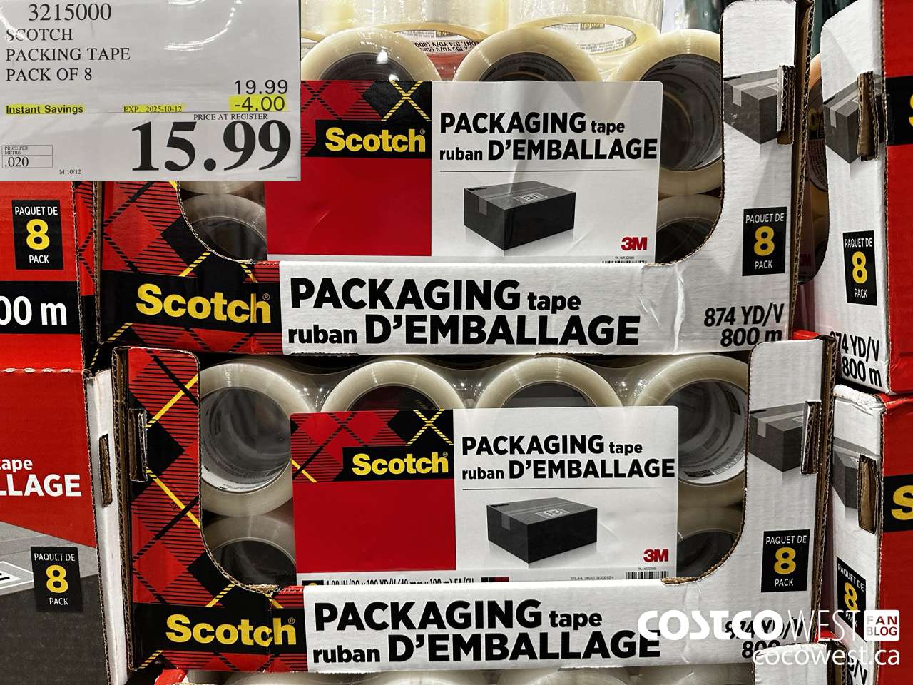 3215000 SCOTCH PACKING TAPE 48MM x 100M PACK OF 8 ($4.00 INSTANT SAVINGS EXPIRES ON 2025-10-12) $15.99