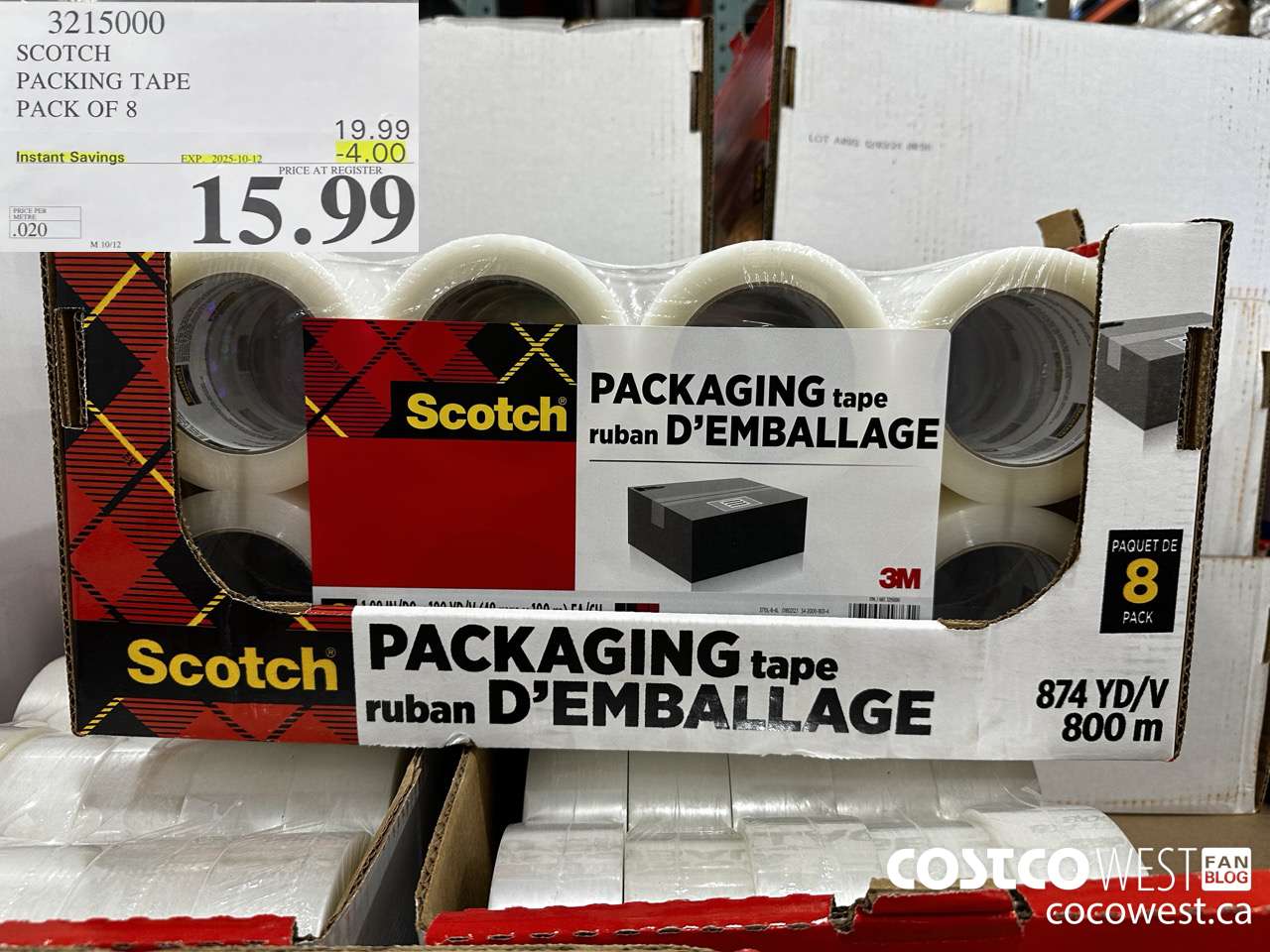 3215000 SCOTCH PACKING TAPE 48MM x 100M PACK OF 8 ($4.00 INSTANT SAVINGS EXPIRES ON 2025-10-12) $15.99
